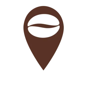 logo for a local web design and digital marketing company in findlay ohio called marketing caffeine that has a location pin with a coffee bean in the middle that is filled in with white