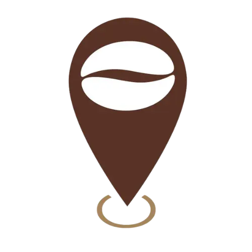logo for a local web design and digital marketing company in findlay ohio called marketing caffeine that has a location pin with a coffee bean in the middle that is filled in with white