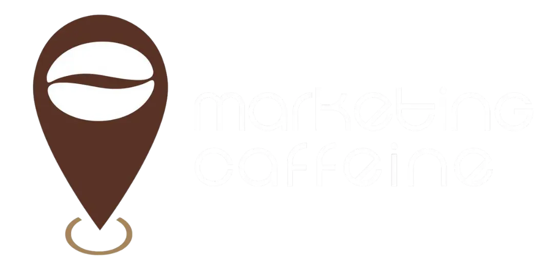 logo for a local web design and digital marketing company in findlay ohio called marketing caffeine that has a location pin with a coffee bean in the middle that is filled in with white
